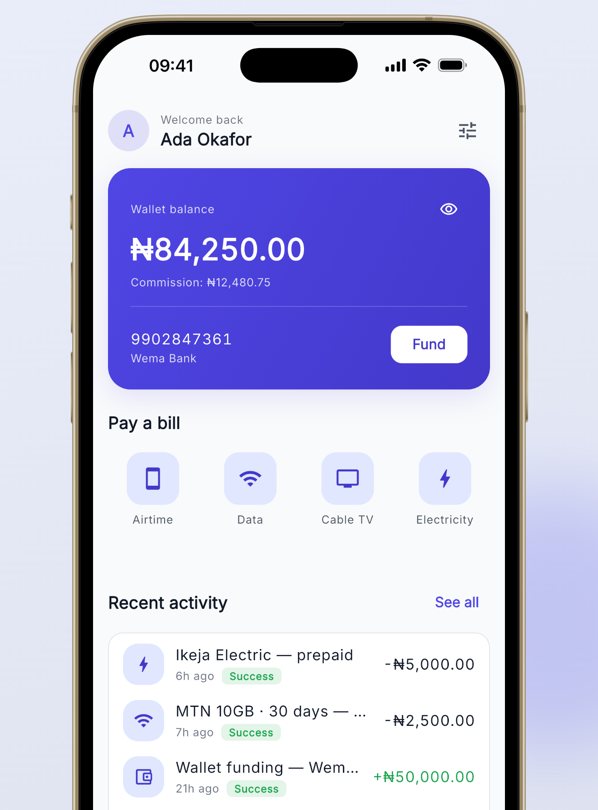 The VTUAgent app home screen, showing the wallet balance and recent purchases